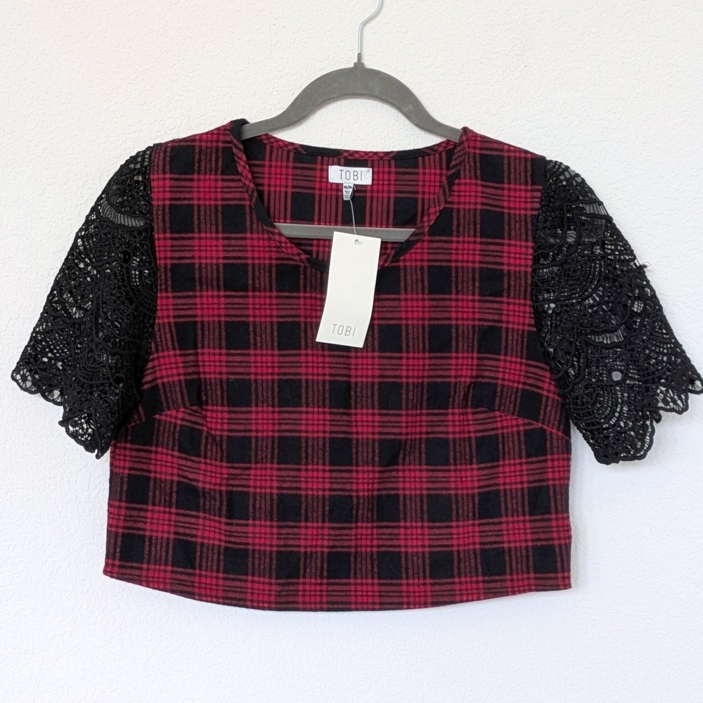 Tobi Plaid Lace Sleeve Crop Top‎ Women's Medium Red Black Punk Grunge